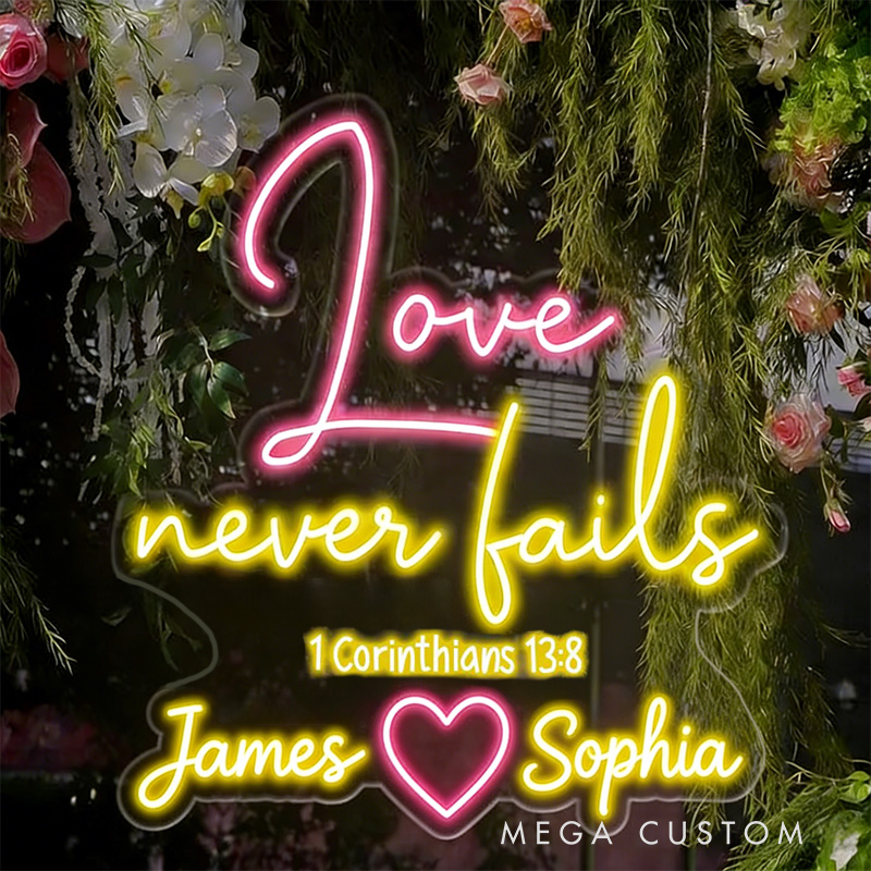 Personalized Love Never Fails Neon Sign with Custom Names Bible Verse Neon Sign Wedding Anniversary Gift Valentine's Day Decor Religious Gift for Couple