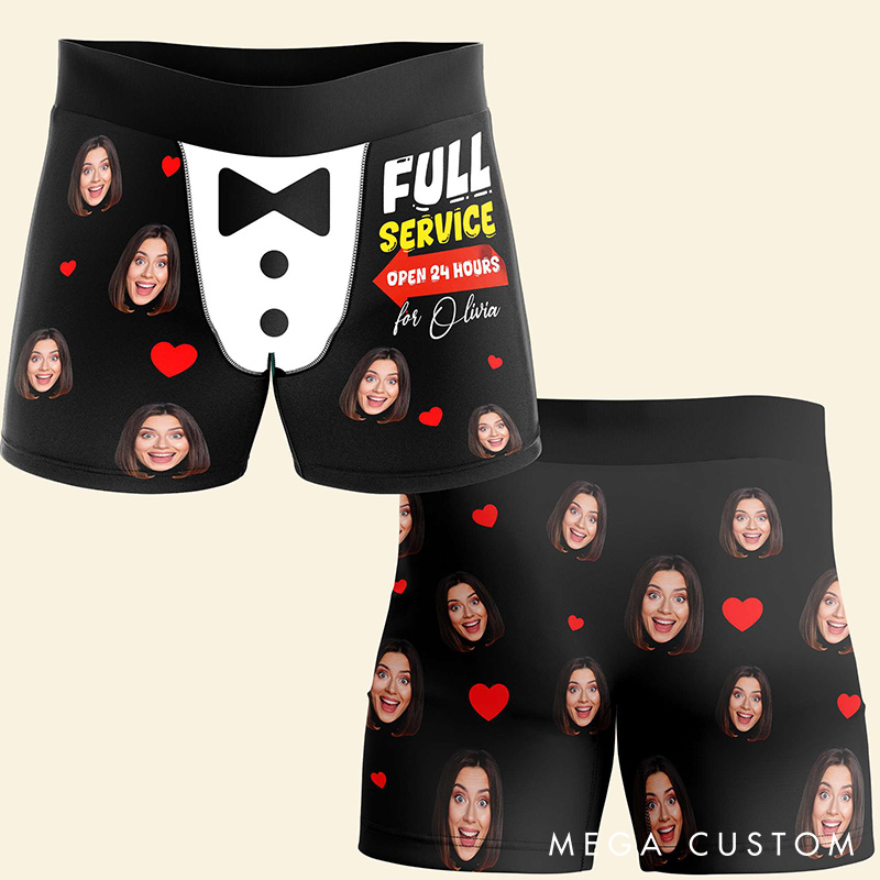 Personalized Girlfriend Wife Face Full Service Open 24 Hours for Her Boxer Briefs Men Underwear with Woman Face Photo Valentines Day Gift for Him