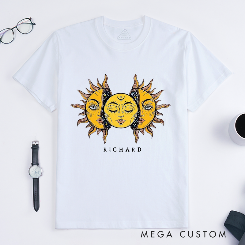 Personalized Sun and Moon Face Classic T-Shirts Custom Unisex Astral Art Graphic Tee Unique Celestial Gift for Him or Her Spiritual Astrology Lovers