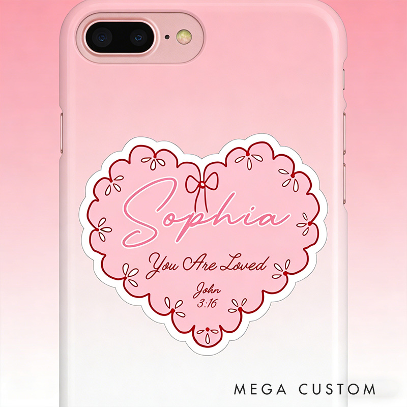 Personalized Pink Bow Heart you are Loved Bible Verse Stickers with Name Religious Gift Valentine's Day Gift for Couple Woman