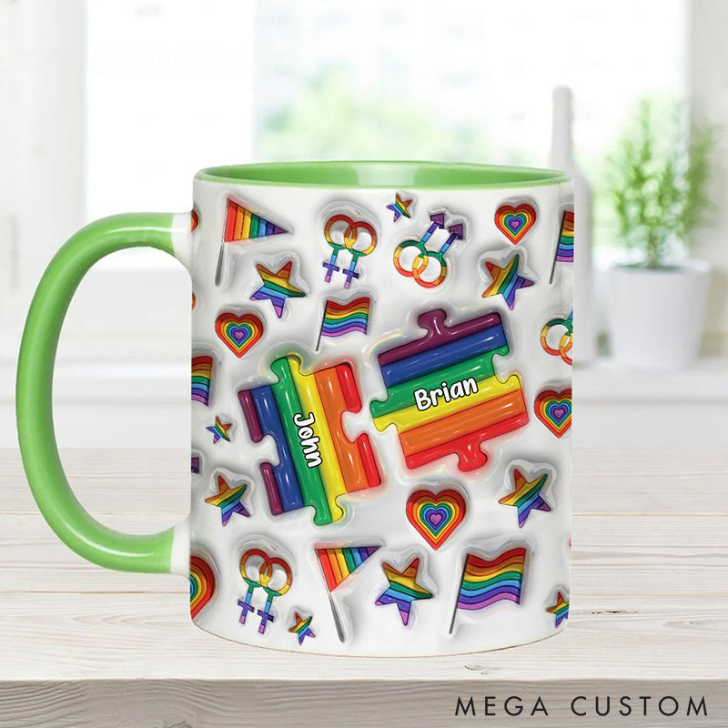 Personalized Rainbow Love is Love Mug Puzzle LGBT Couple Coffee Mug Imitation 3D Print Accent Mug Valentine's Gift for LGBT couple