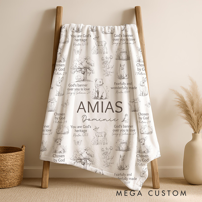Personalized Woodland Animals Bible Verse Soft Throw Blanket with Custom Name Baby Shower Nursery Prayer Baby Gift Religious Gift for Kids