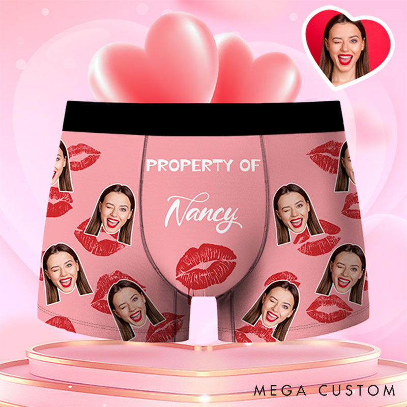 Personalized Girlfriend Wife Face Boxer Brief Red Lips Print Property of Her Men Underwear with Photo Valentines Day Gift for Boyfriend Husband