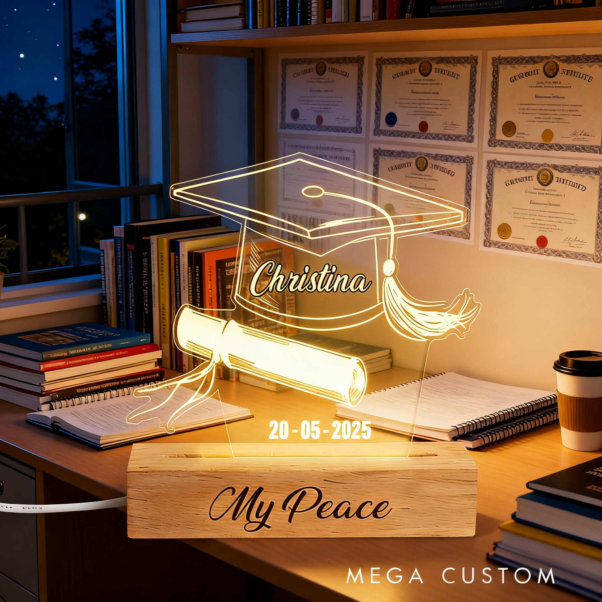 Personalized Graduation Gifts Custom Name and Year Acrylic Night Light Beech Wood LED Lamp for Students Graduation Decor