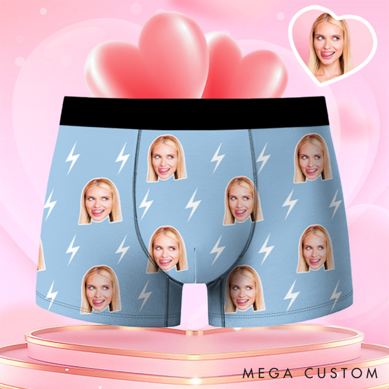 Personalized Girlfriend Wife Face Boxer Brief Lightning Print Men Underwear with Woman Face Photo Portrait Valentines Day Gift for Boyfriend Husband