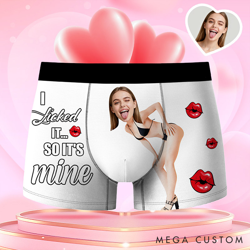 Personalized Girlfriend Wife Face Boxer Brief I Licked It So It's Mine Men Underwear with Woman Face Portrait Valentines Day Gift for Boyfriend Husband