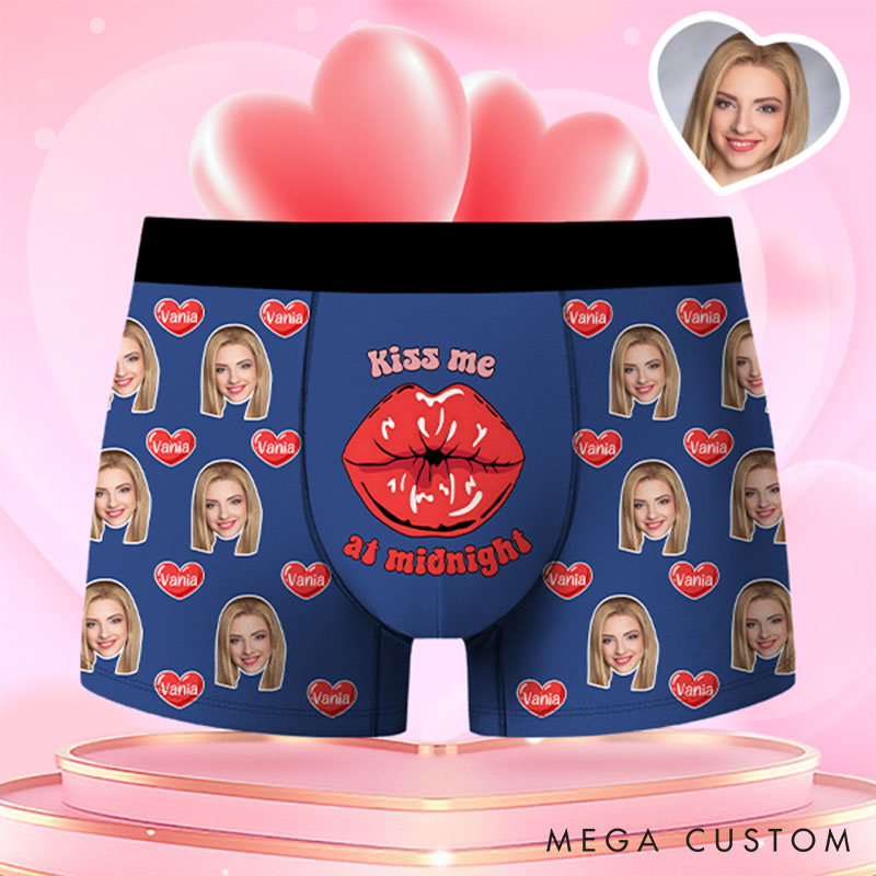 Personalized Girlfriend Wife Face Boxer Brief Kiss Me at Midnight Men Underwear with Woman Face Portrait Valentines Day Gift for Boyfriend Husband