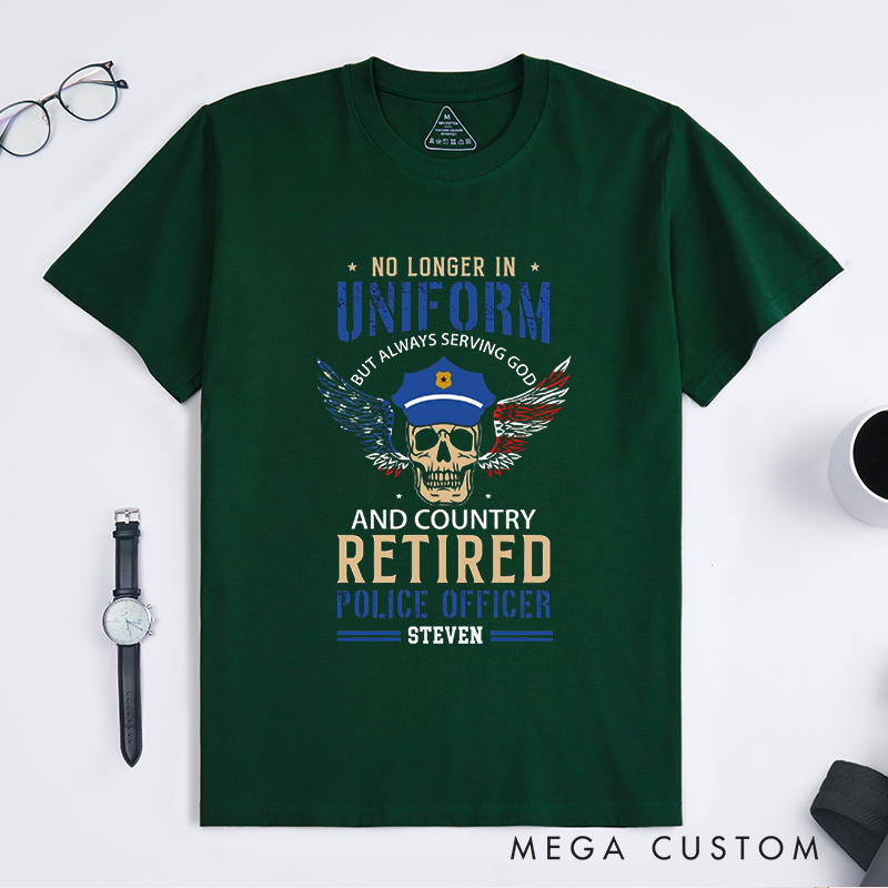 Personalized Retired Police Officer T-Shirt with Patriotic Skull and Wings Design Gift for Police Officer T-Shirt