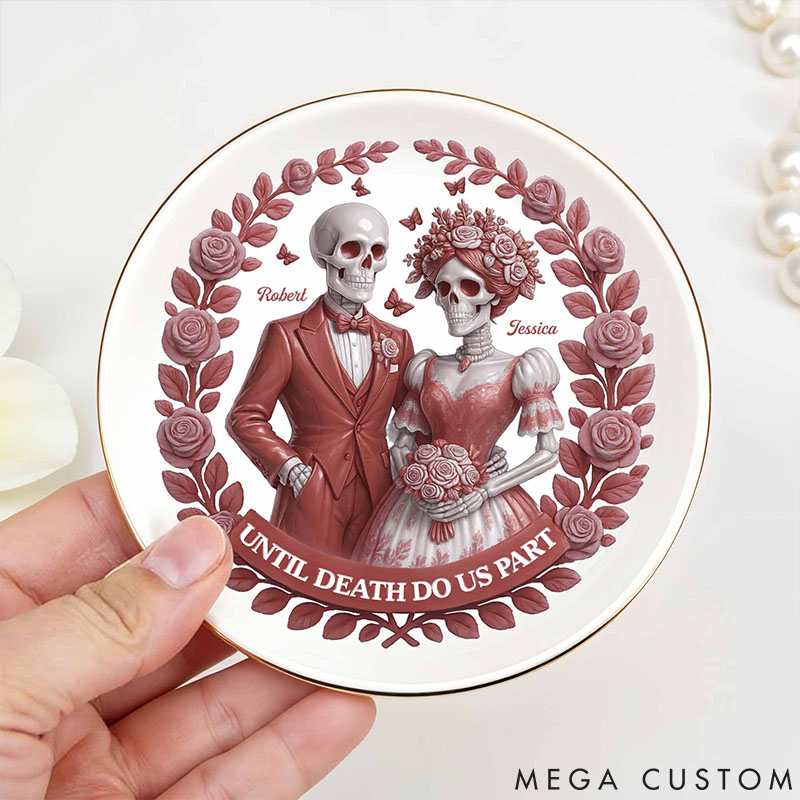 Personalized Skeleton Couple Until Death Do Us Part Round Shaped Ring Dish Skeleton Bride and Groom Ceramic Ring Dish Valentines Day Gift for Newlyweds