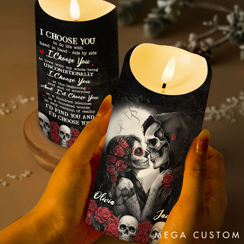 Personalized Skeleton Couple I Choose You LED Candle Custom Skeleton Bride and Groom with Rose Candle Light Valentines Day Gift for Newlyweds