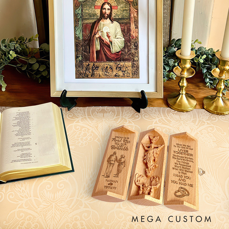 Personalized From Our First Kiss Till Our Last Breath Openable Wooden Cylinder Sculpture of Jesus Christ with Names Religious Gift for Couple