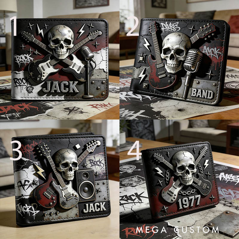 Personalized punk rock guitar and skull themed Leather Wallet Custom with Name Mens Wallet Gift For Him Husband Boyfriend Father Son Grandson