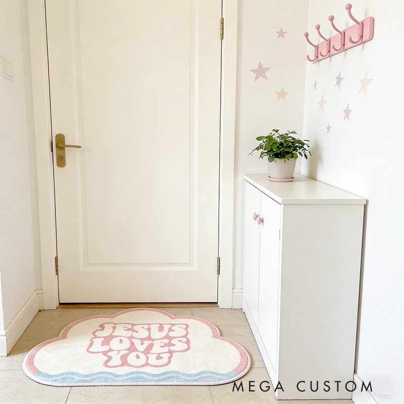 Personalize Jesus Loves you Christian Rug with Custom Name Vintage Rug Valentine Gift Religious Gift for her