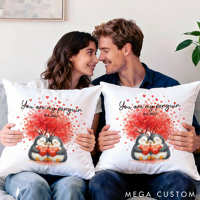 Personalized Love Tree Penguin Couple Soft Throw Pillow Custom Name Year Home Pillow Valentine's Day gift for Couple Romantics Gift for Him Her