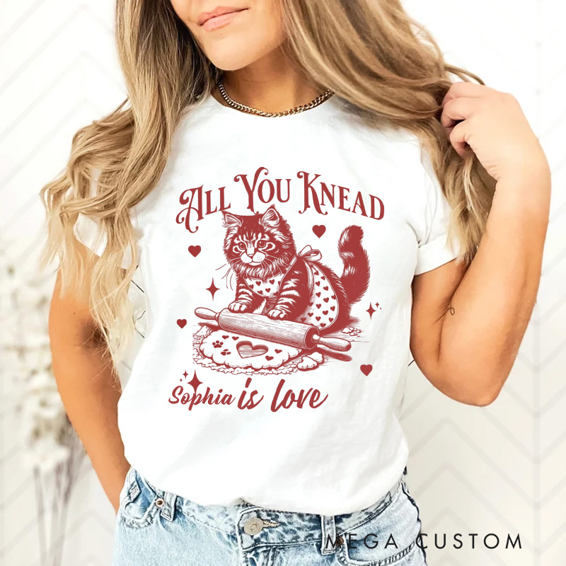 Personalized All You Knead is Love Classic T-shirts Vintage Cat Biscuits Kneading Dough Tshirt with Name Valentine's Day Gift for Women Cat Lover Her