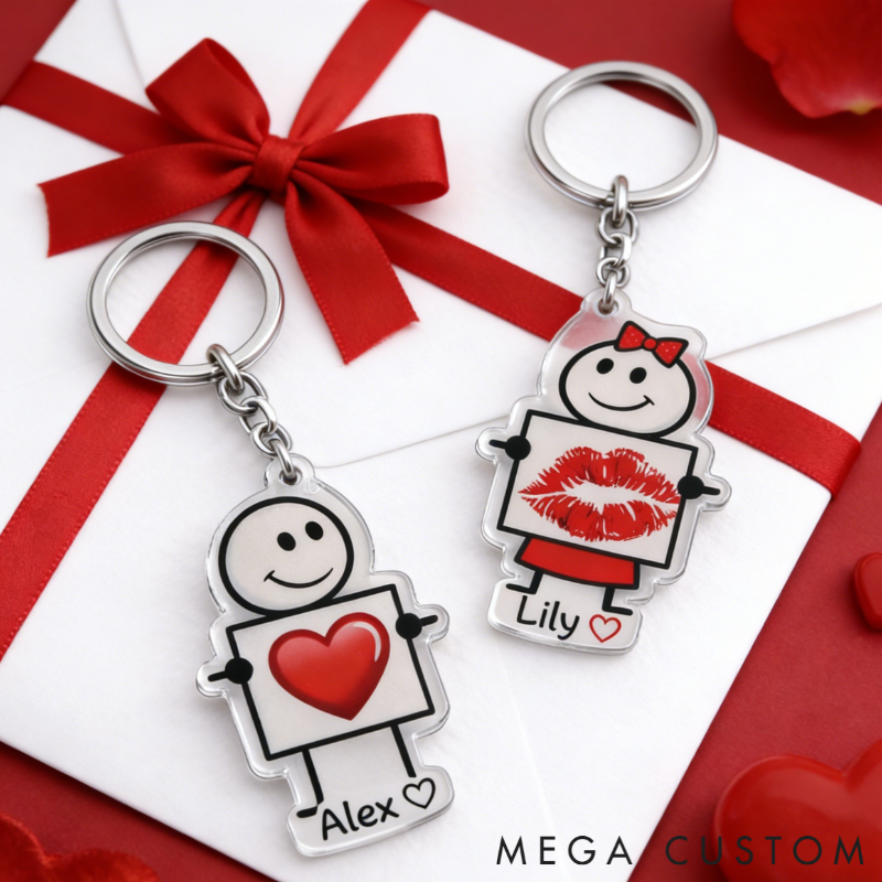 Personalized Minimalist Stick Figures Couple Keychain Custom Names Expressing Love Symbolic Holiday Gift for Couples