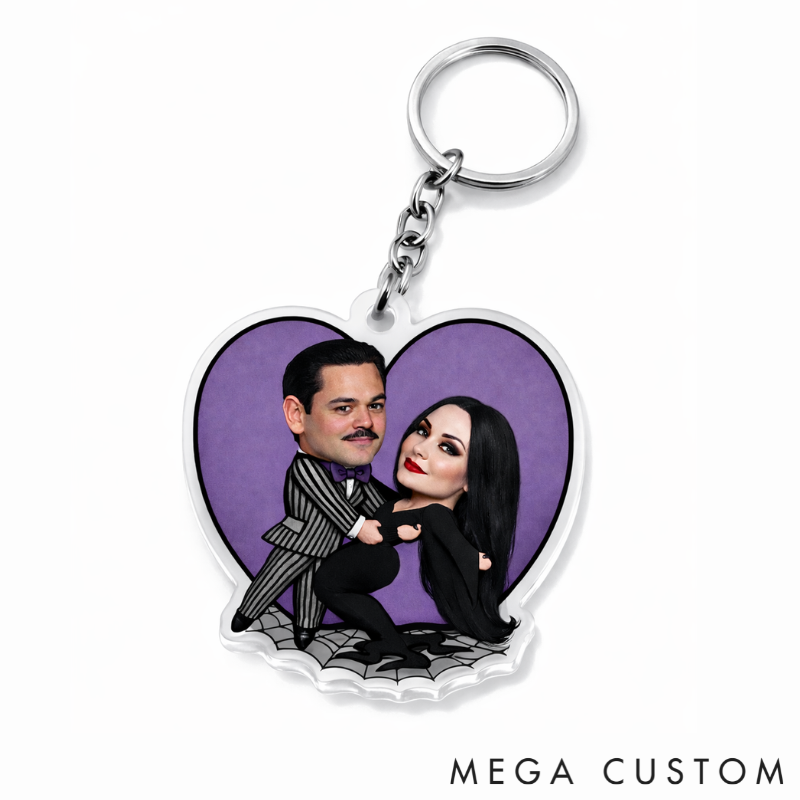 Personalized Gothic Cartoon Hearts Background Keychain Custom Photo Playfully Dark Holiday Gift