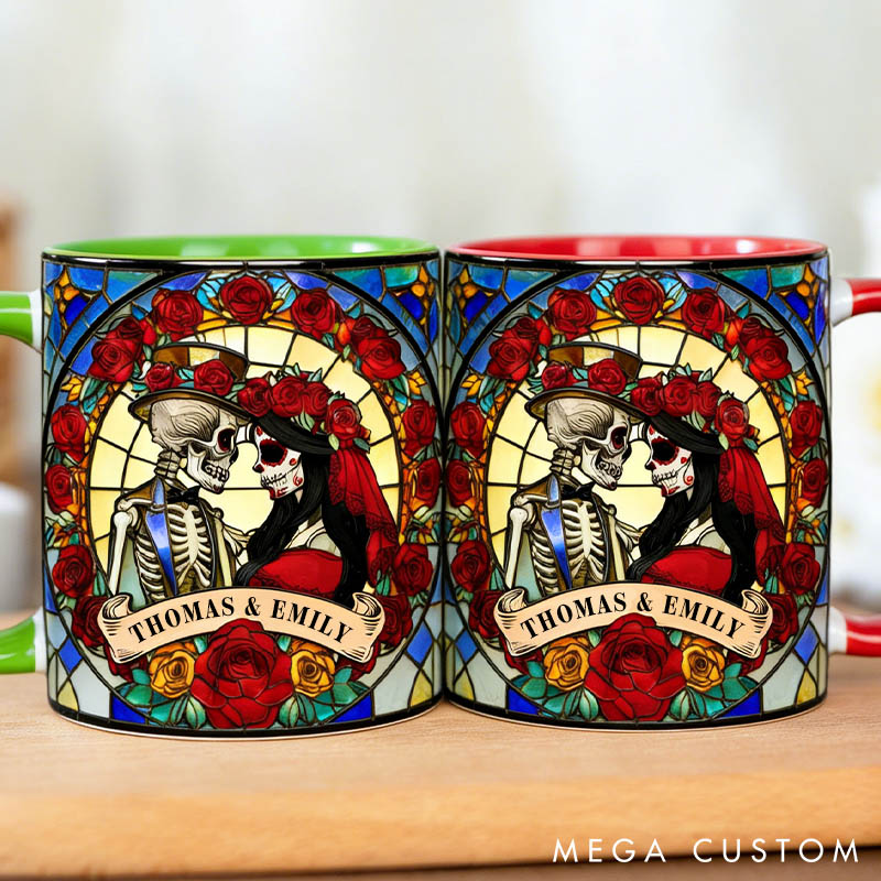 Personalized Skeleton Couple Mug 3D Effect Stained Glass Design Graphic Mug Couple Skeleton Coffee Cup for Husband Wife Boyfriend Girlfriend