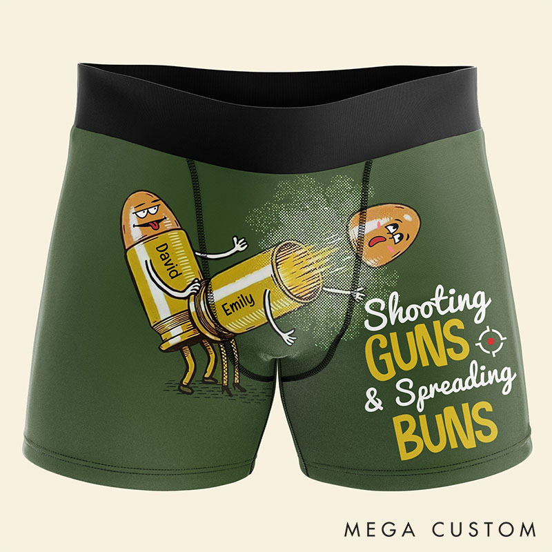 Personalized Man Shooting Guns & Spreading Buns Boxer Brief Custom Men Bullet Pattern Underwear with Name Valentines Day Gift for Boyfriend Husband