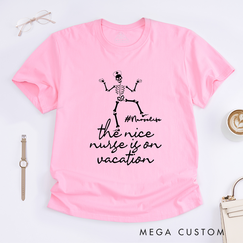 Personalized Playful Nursing T-Shirt with Skeleton and Vacation-Themed Design Gift for Nurse