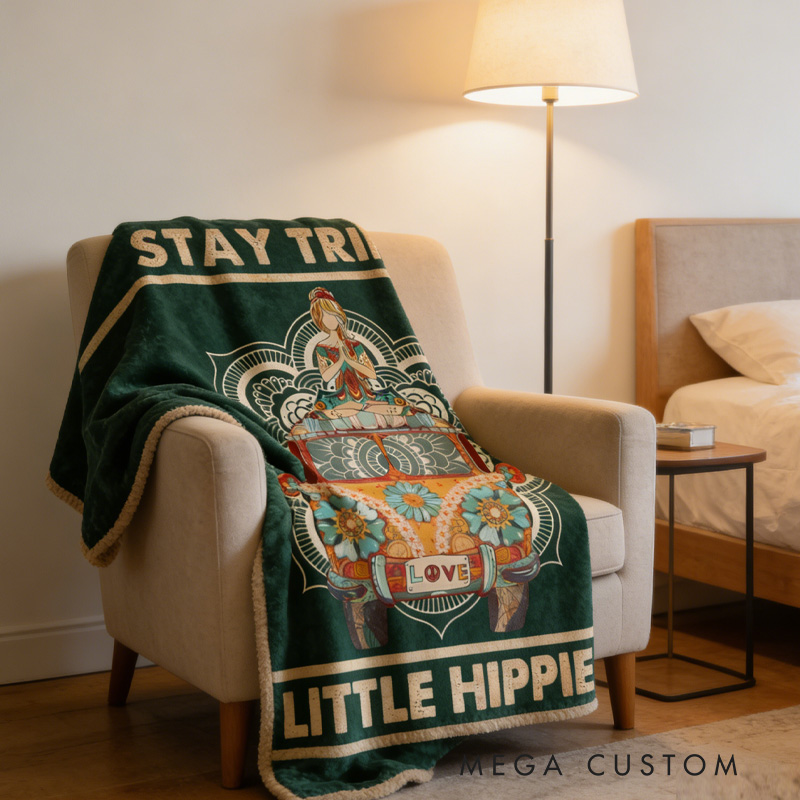Personalized Stay Trippy Little Hippie Blanket Retro Van Mandala Boho Decor for Yoga Lovers