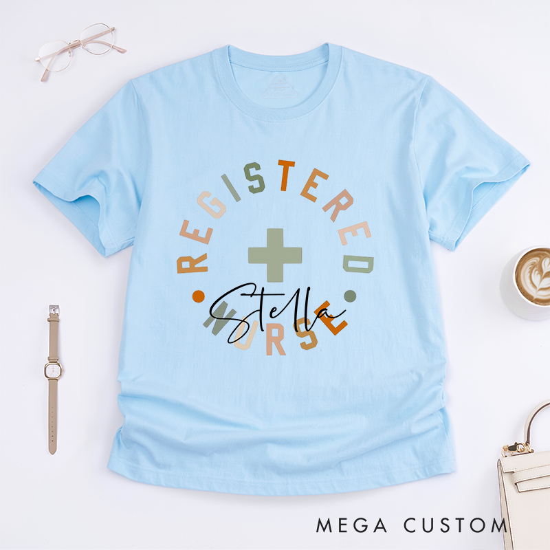 Personalized Registered Nurse T-Shirt with Bold Circular Customizable Name Design Gift for Nurse
