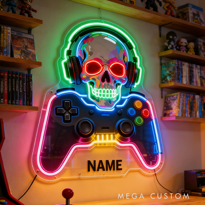 Personalized Skull and Game Controller Neon Decor the Perfect Gift for Gaming Lovers
