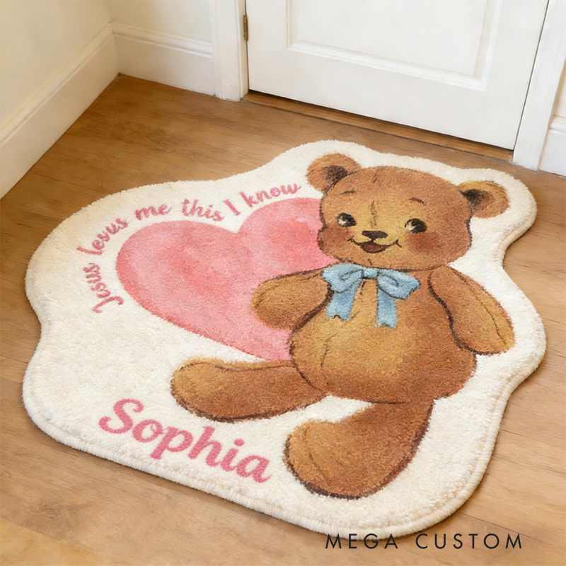 Personalize Jesus Loves Me this i Know Vintage Bear Christian Rug with Custom Name Valentine Gift Religious Gift for her