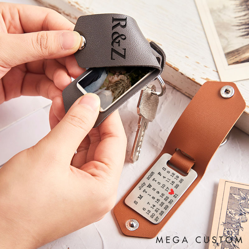 Personalized Photo and Calendar Leather Keychain Couple Leather Keychain with Photo Custom Anniversary Valentine's Gift for Man Woman