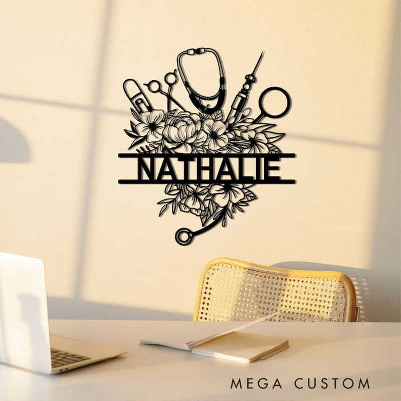 Personalized Nurse Gifts Custom Name Metal Sign Floral Doctor Wall Art Medical Office Decor Gift for Nurse or Healthcare Worker
