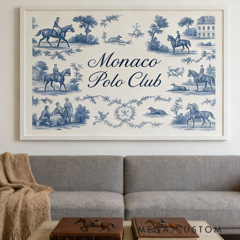 Personalized French Toile Equestrian Art Poster Riding Wall Art Sports Printable Room Art Decor for Equestrian Riding Lovers 