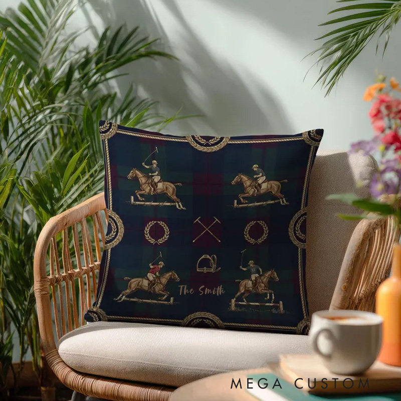Personalized Equestrian Throw Pillow Polo Horse Pillow Case Tartan Design Pillow Jumping Horse Decor Sport Decor Pillow Covers Polo Gifts for Riding Lovers Equestrian Lovers