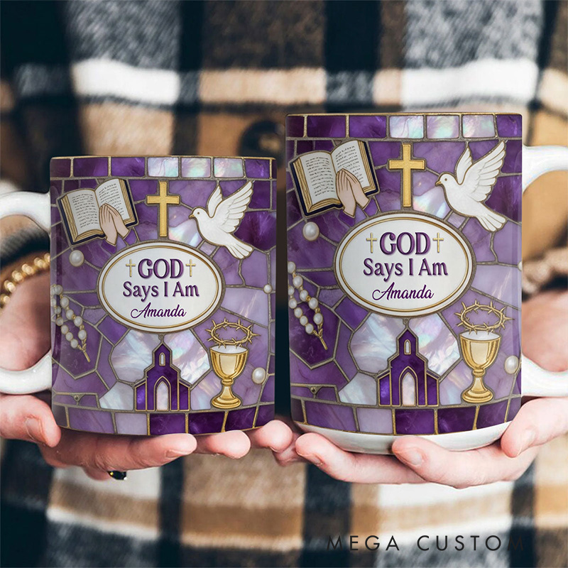 Personalized Stained Glass God Says i am 11oz 15oz Ceramic Mug with Custom Name Purple Coffee Mug Religious Gift for Christians