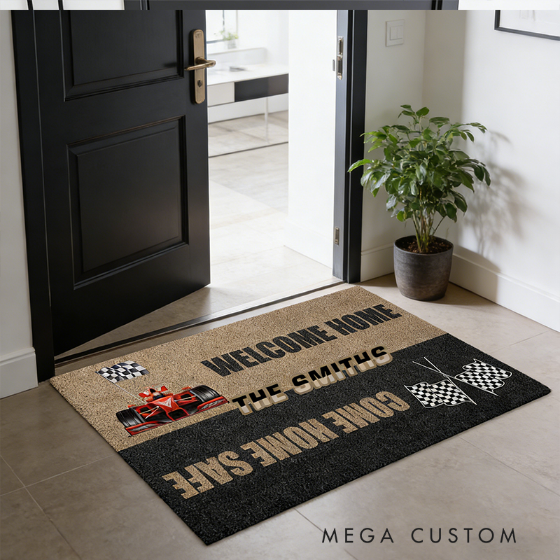 Personalized Racing Gifts Custom Family Name Welcome Home Come Home Safe Doormat Race Car Lover Home Entry Rug Decor
