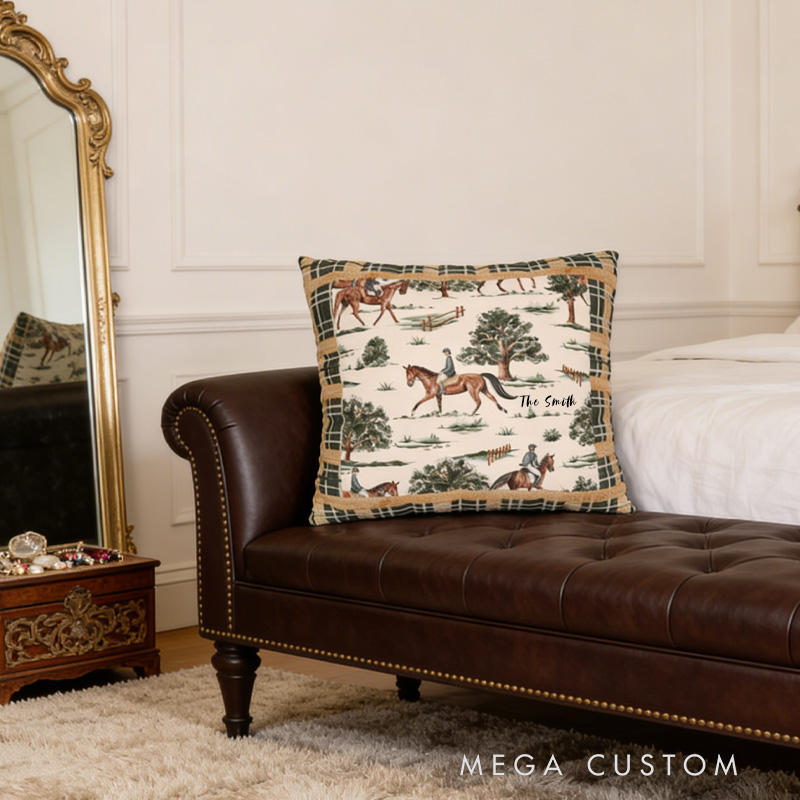 Personalized Equestrian Throw Pillow Equestrian Pillow Cover Plaid Horse Accent Pillow Farmhouse Decor for Riding Lovers Equestrian Lovers