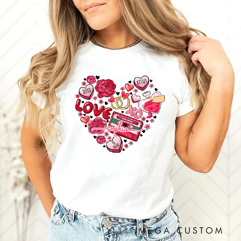 Personalized Heart Valentine Classic T-shirts Xoxo Cozy Shirt with Name Cookie Heart Valentine's Day Gift for Women Baking Lover Her
