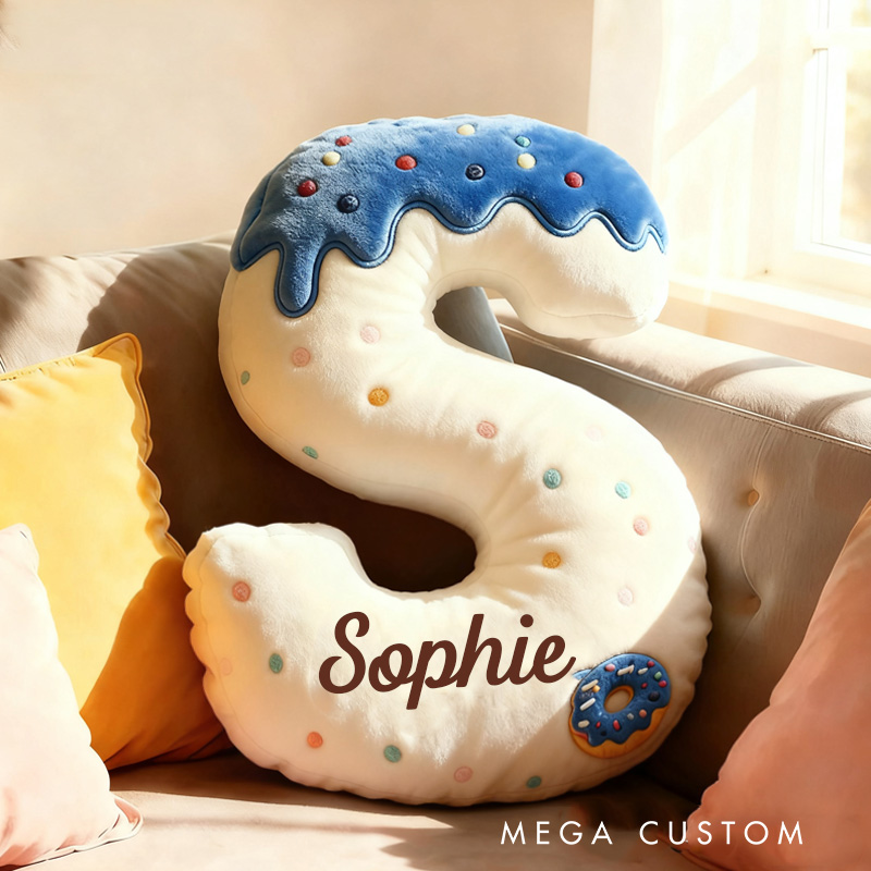 Personalized Blue Donut Alphabet Throw Pillow Graphic 3D Print Donut Letter with Name for Kids Boys Girls Family Baker Christmas Gift 