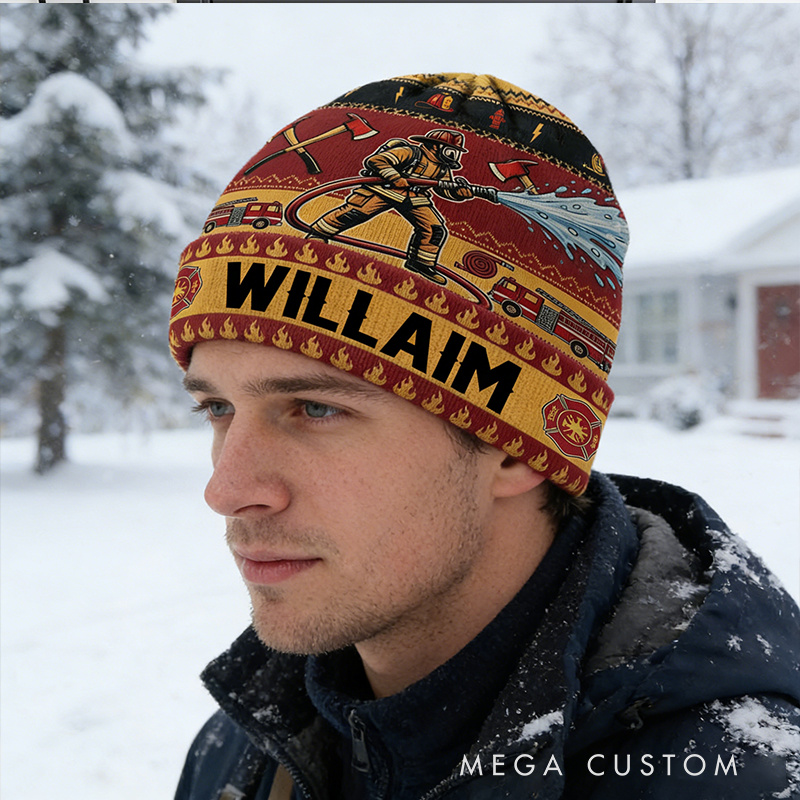 Personalized Firefighter Gifts Custom Name Beanie Hat Warm Winter Knit Cap for Firemen Firefighter Appreciation Gift