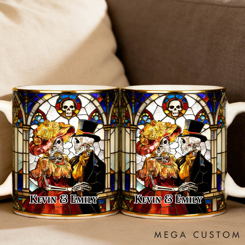 Personalized Gothic Couple Mug Till Death Do Us Part 3D Effect Graphic Mug Couple Skeleton Church Wedding Coffee Cup Anniversary Valentine