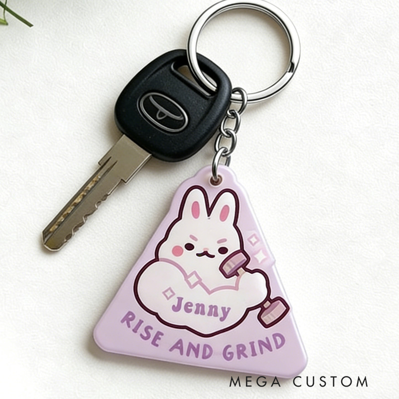 Personalized Rise and Grind Keychain Cute Bunny Keychain Acrylic Epoxy Workout Motivational for Gym Lovers