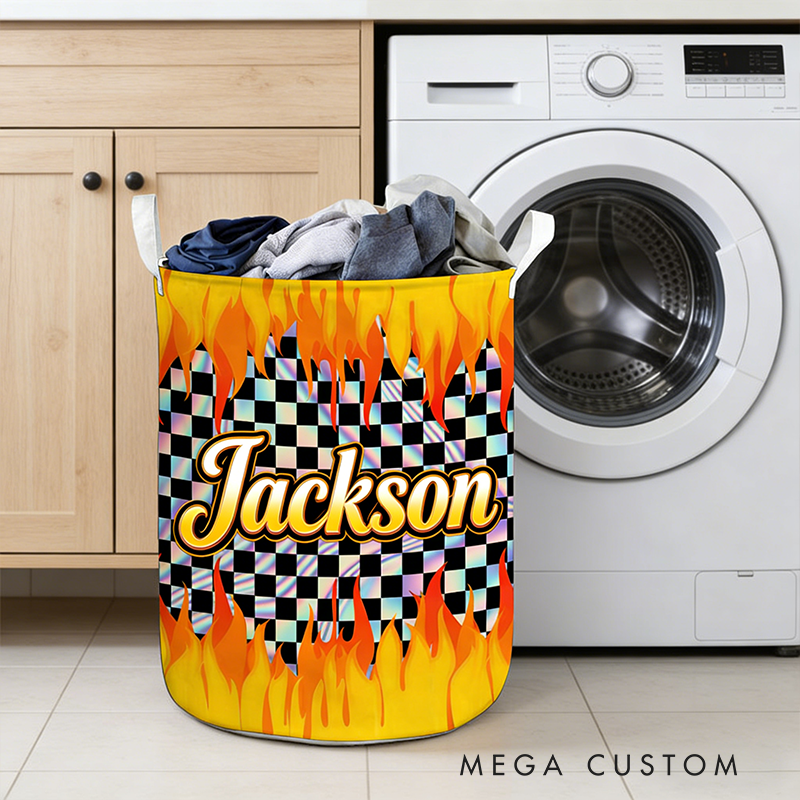 Personalized Racing Gifts Custom Name Laundry Basket Flame Checkered Storage Bin Race Car Lover Room Organizer Decor