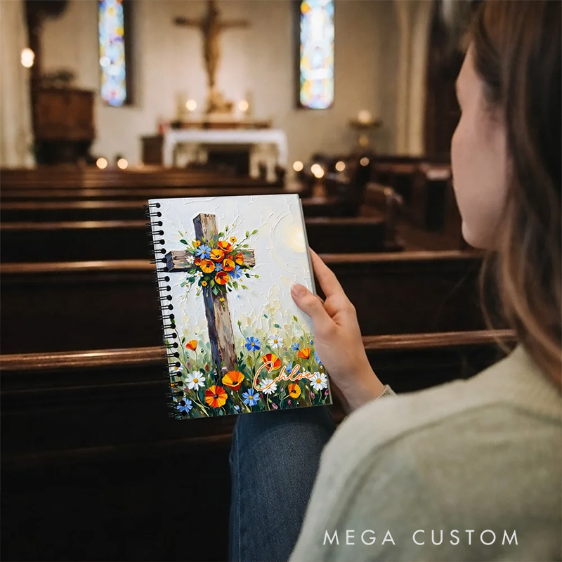 Personalized Flower Cross A5 Spiral Notebook with Name Back to School Birthday Gift Religious Gift for Christian Student
