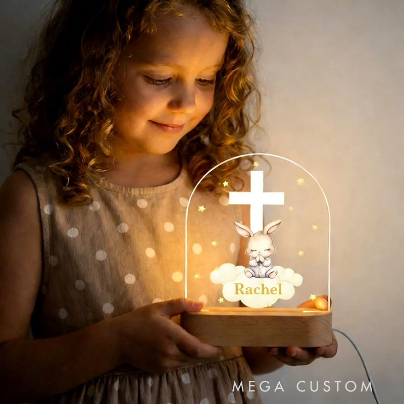 Personalized Cross Star Praying Animal Wooden Base Acrylic LED Night Light with Name Baptism Birthday Gift Religious Gift for Kids