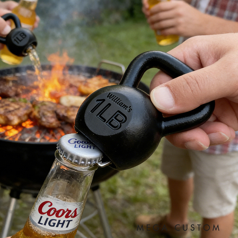 Personalized 1lb Kettlebell Bottle Opener Handmade Genuine CastIron with Authentic Plating for Gym Lovers