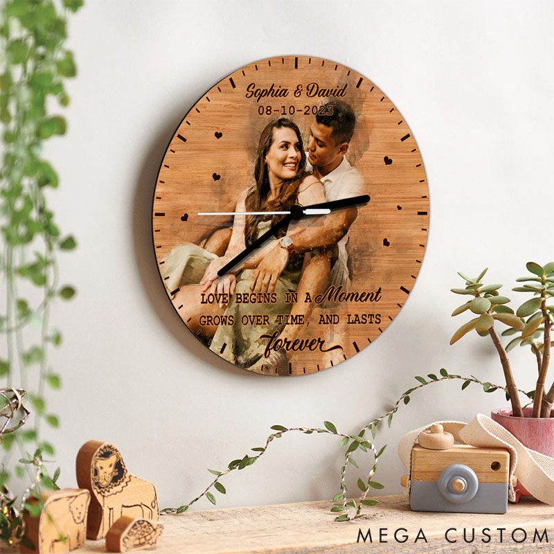 Personalized Couple Photo Love begins in a moment Wall Clock Custom Wall Clock with Couple Portrait Anniversary Gift Valentine's Day Gift for Him Her