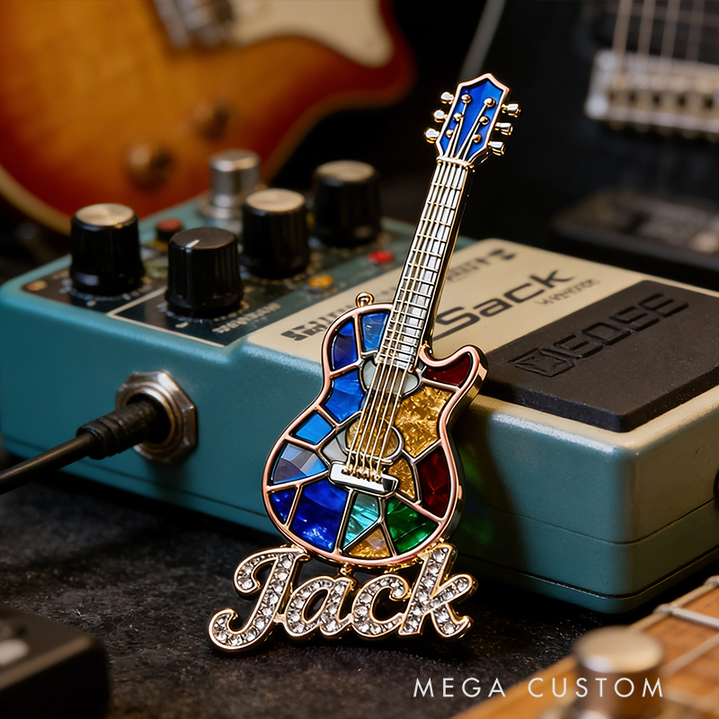 Personalized Custom Stained Glass Electric Guitar Enamel Pin – Personalized Name Lapel Pin for Music Enthusiasts