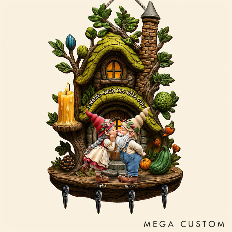Personalized Gnome Couple I Wanna Growing Old With You Wooden Key Hanger Custom Old Couple 3D Effect Key Hanger Anniversary Gift Valentines Day Gift