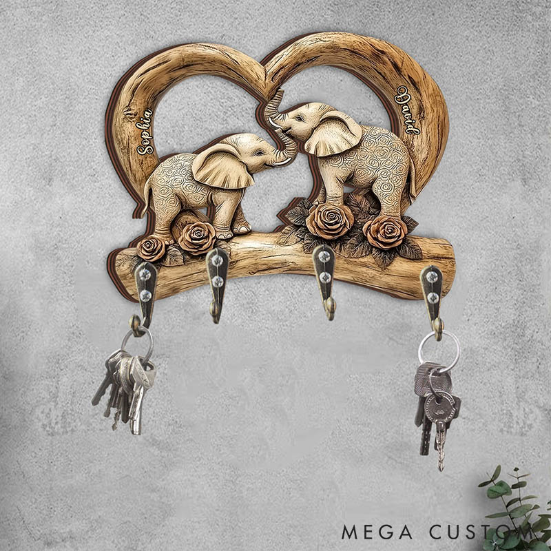 Personalized Sweetheart Elephant Couple Wooden Key Holder Custom Graphic 3D Printed Imitation Wood Effect Key Hanger Anniversary Valentines Day Gift