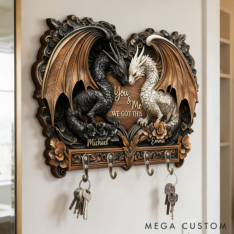 Personalized Dragon Couple You and Me We Got This Wooden Key Holder Custom Graphic 3D Printed Effect Key Hanger Anniversary Valentines Day Gift
