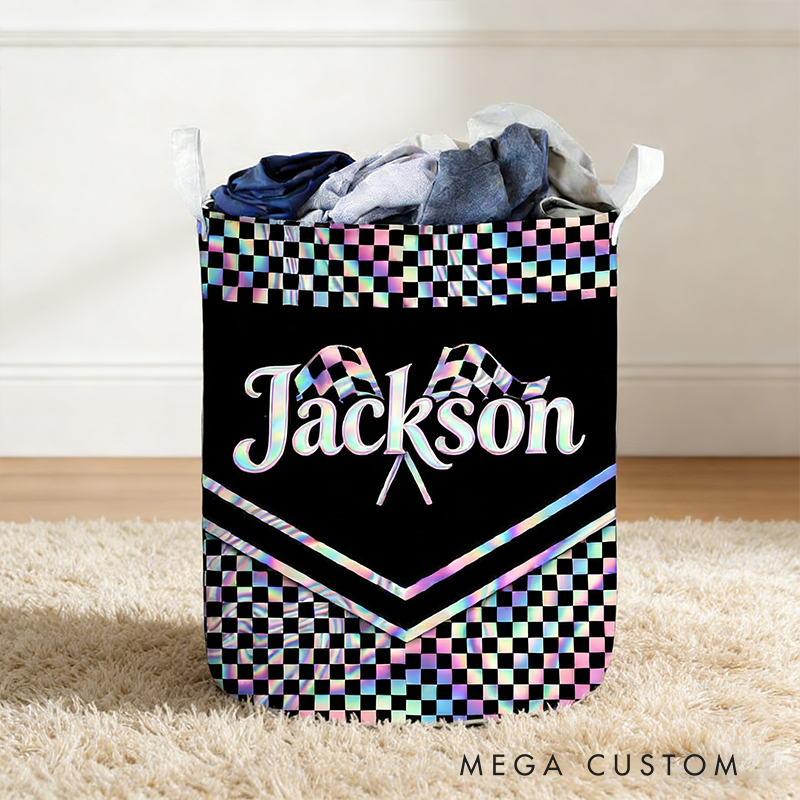 Personalized Racing Gifts Custom Name Laundry Basket Checkered Flag Storage Bin Race Car Lover Room Organizer Decor